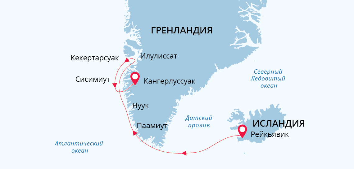 Карта маршрута Юго - Западная Гренландия и Бухта Диско